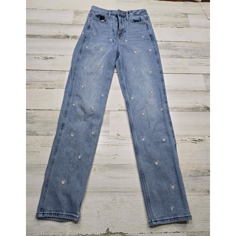 Hollister Ultra High-Rise Mom Jeans Light Wash Daisy Embroidered Size 0L W24 L29